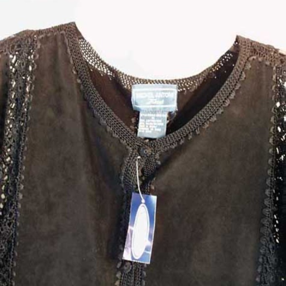 JACKET, SUEDE, MISSES 16, DARK BROWN, ADDITION ELLE, TUNIC LENGTH, CROCHET OPENW - Picture 6 of 8